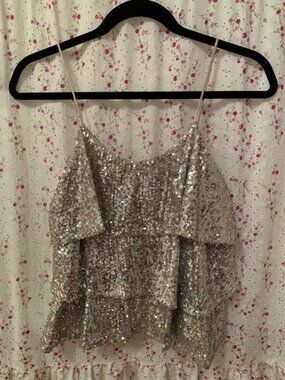 EXPRESS Silver Metallic Sequined Tiered Ruffle Camisole Tank Top- Size XS